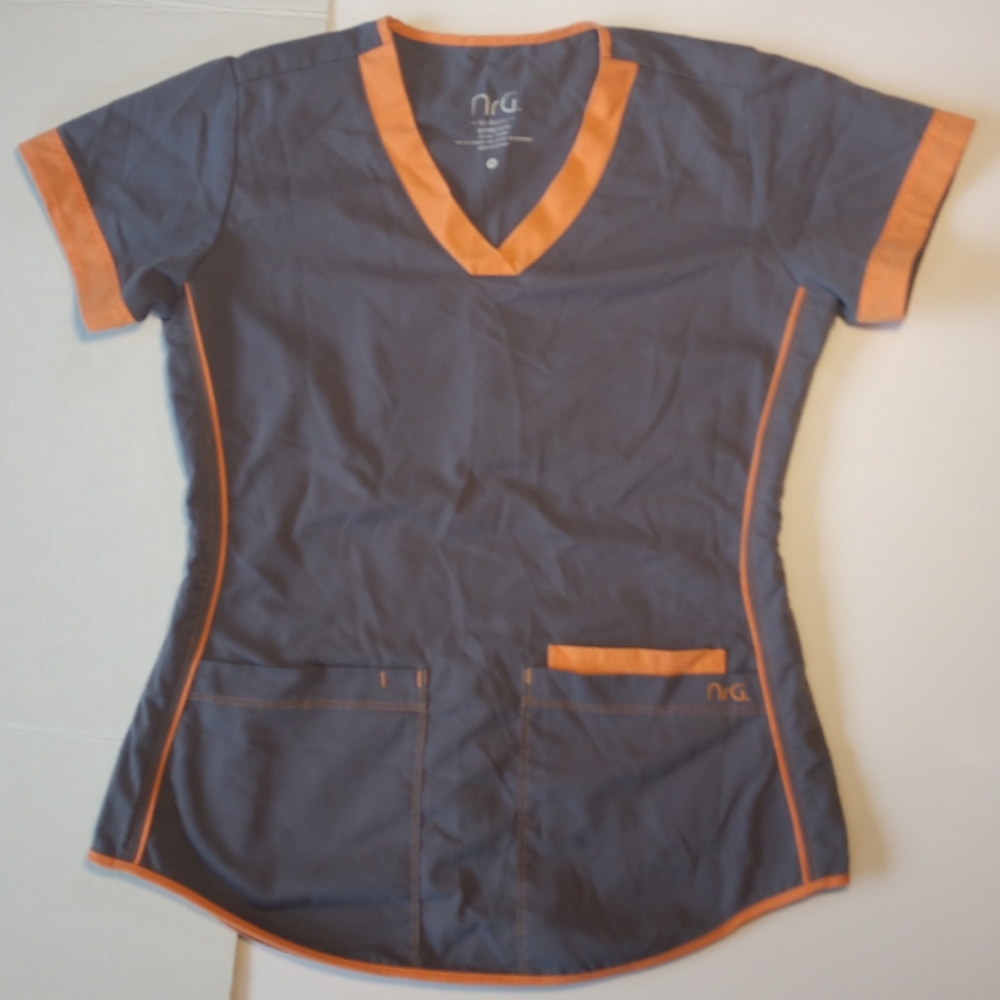 NrG by Barco Stretch Scrub Top XS Gray/Orange